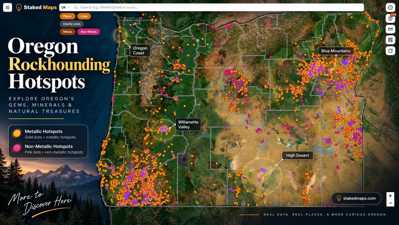 Oregon rockhounding hotspots map showing metallic mineral occurrences in gold and non-metallic mineral occurrences in pink