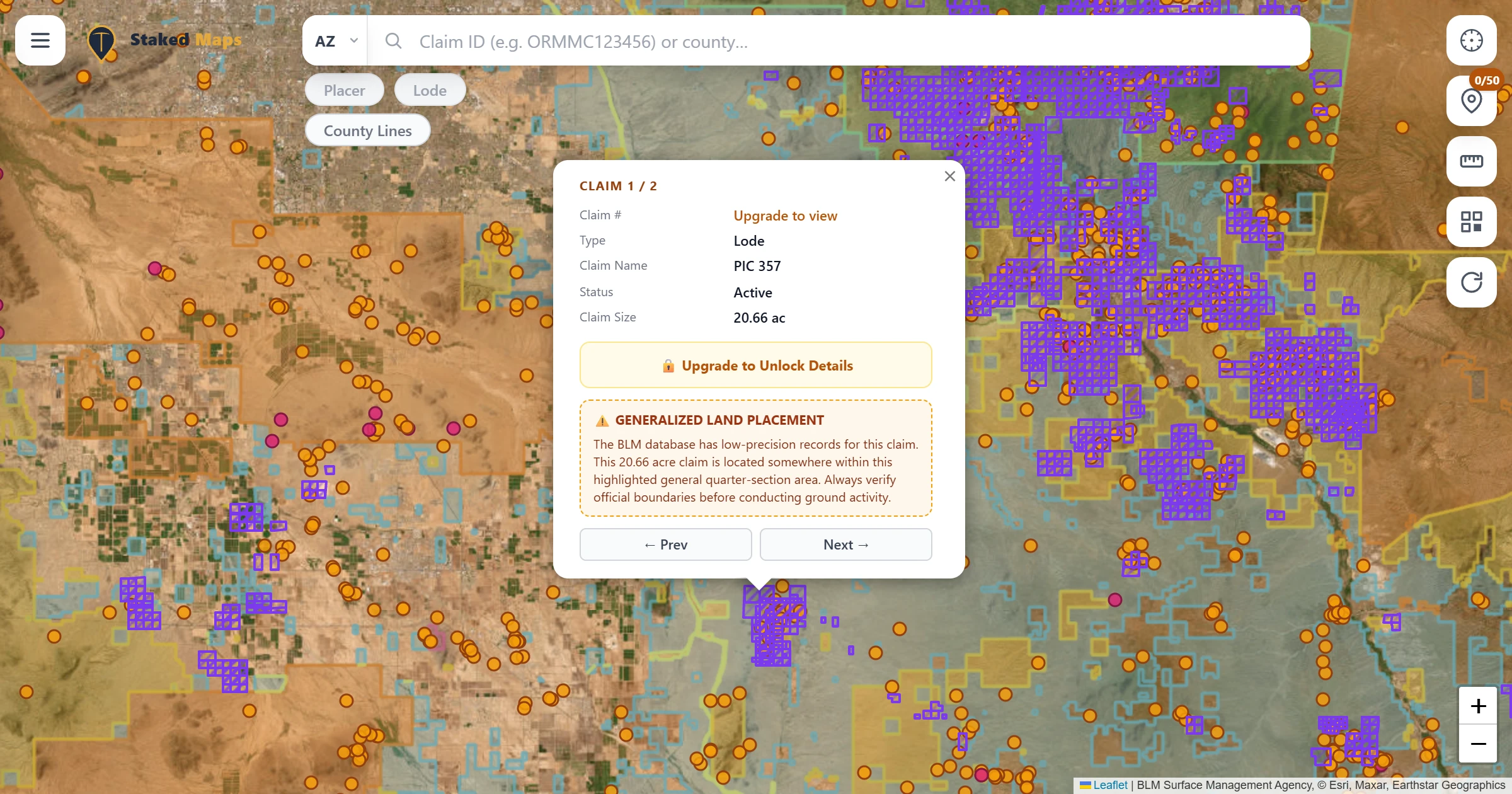 Pinal County, AZ BLM mining claims & rockhounding interactive map.
