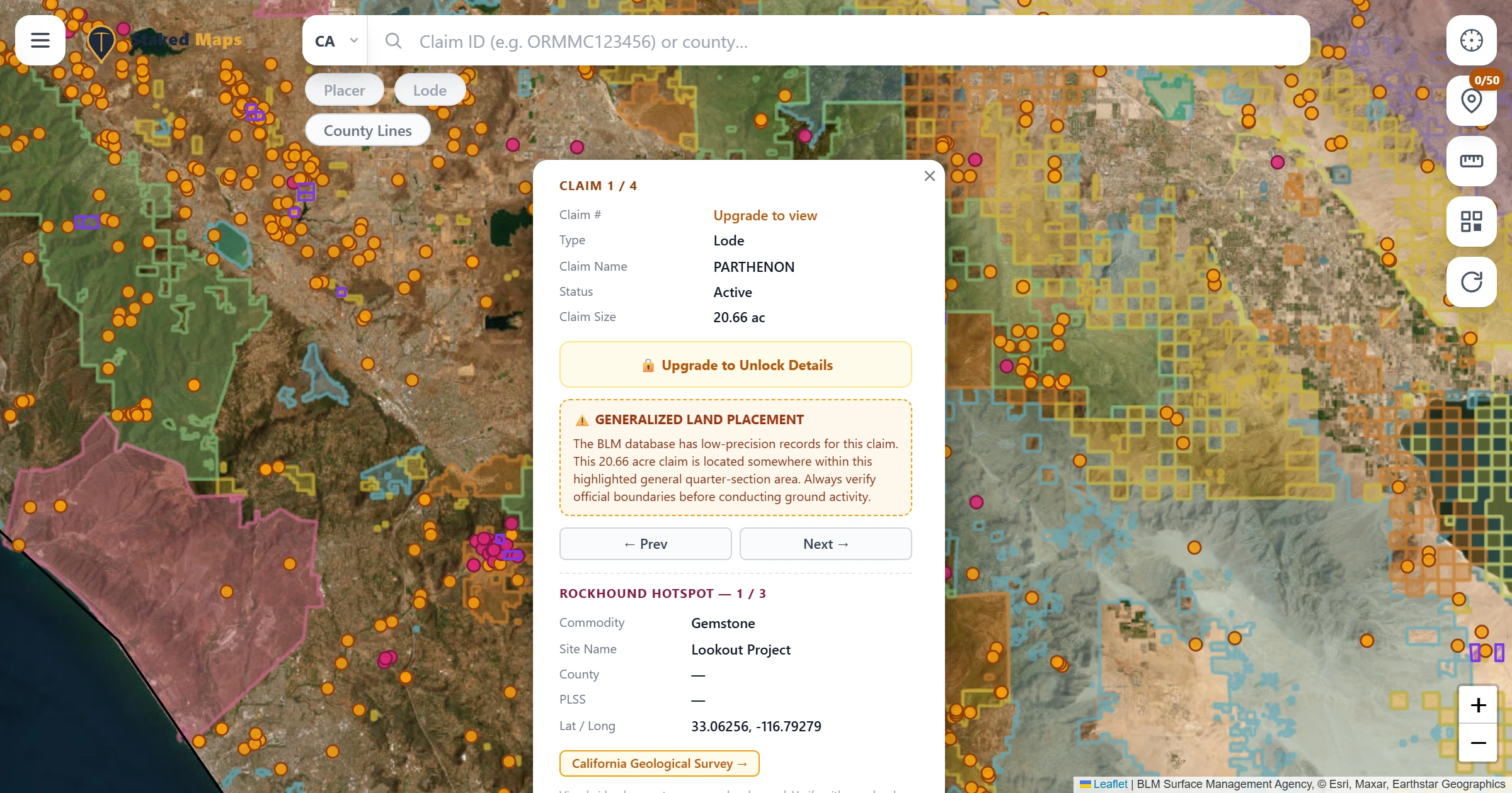 San Diego County, CA BLM mining claims & rockhounding interactive map.