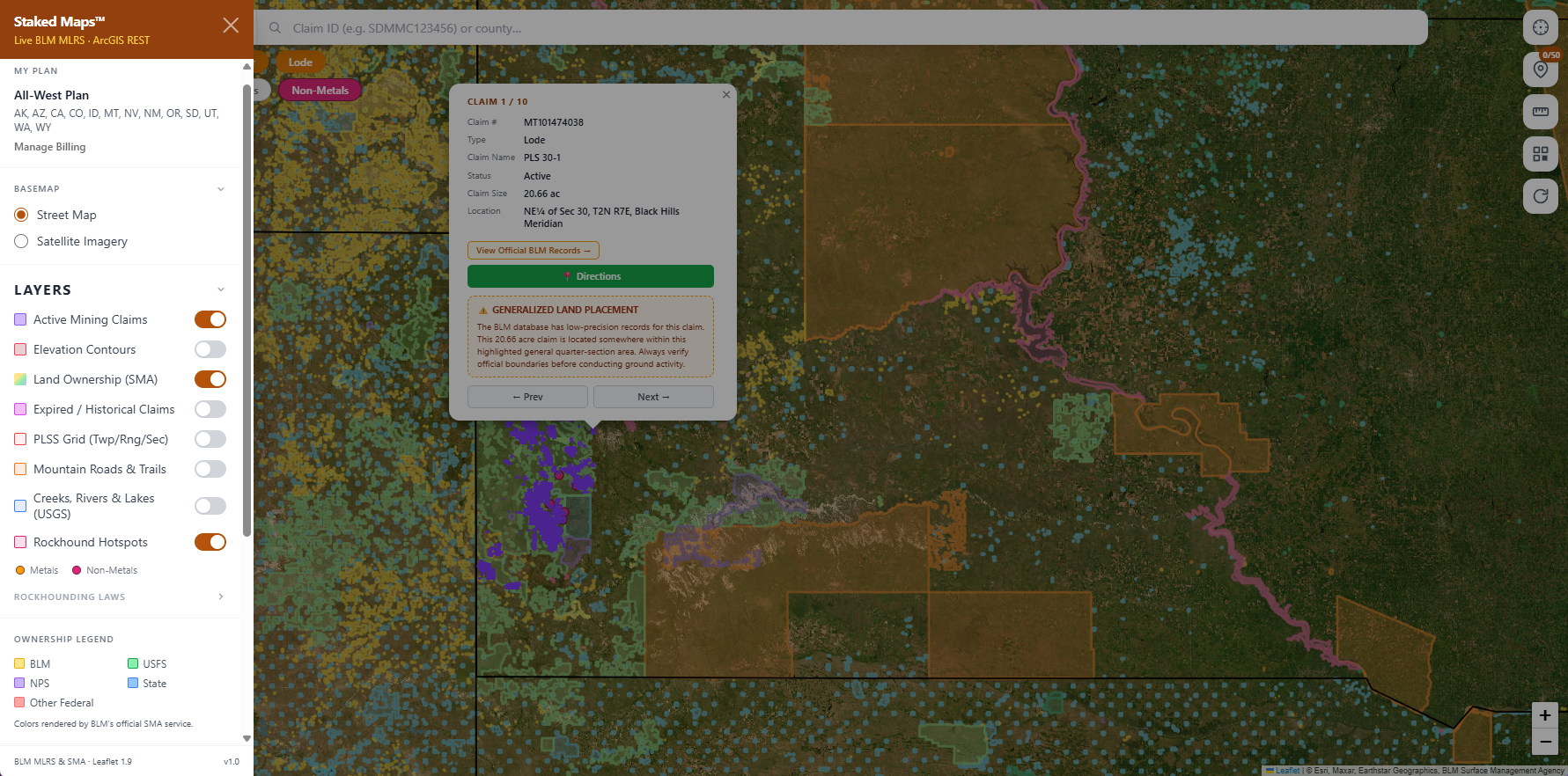 South Dakota BLM mining claims & rockhounding interactive map.