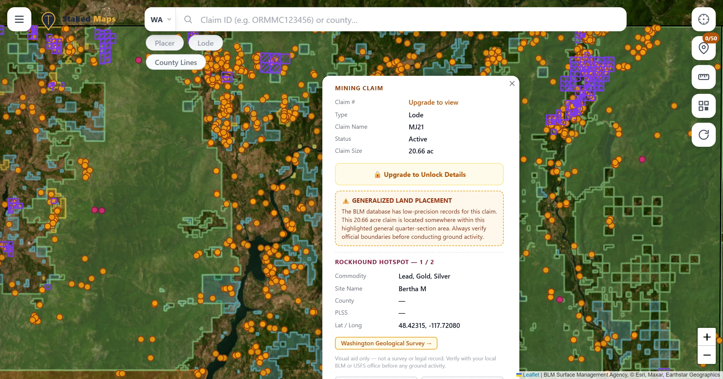 Stevens County, WA BLM mining claims & rockhounding interactive map.