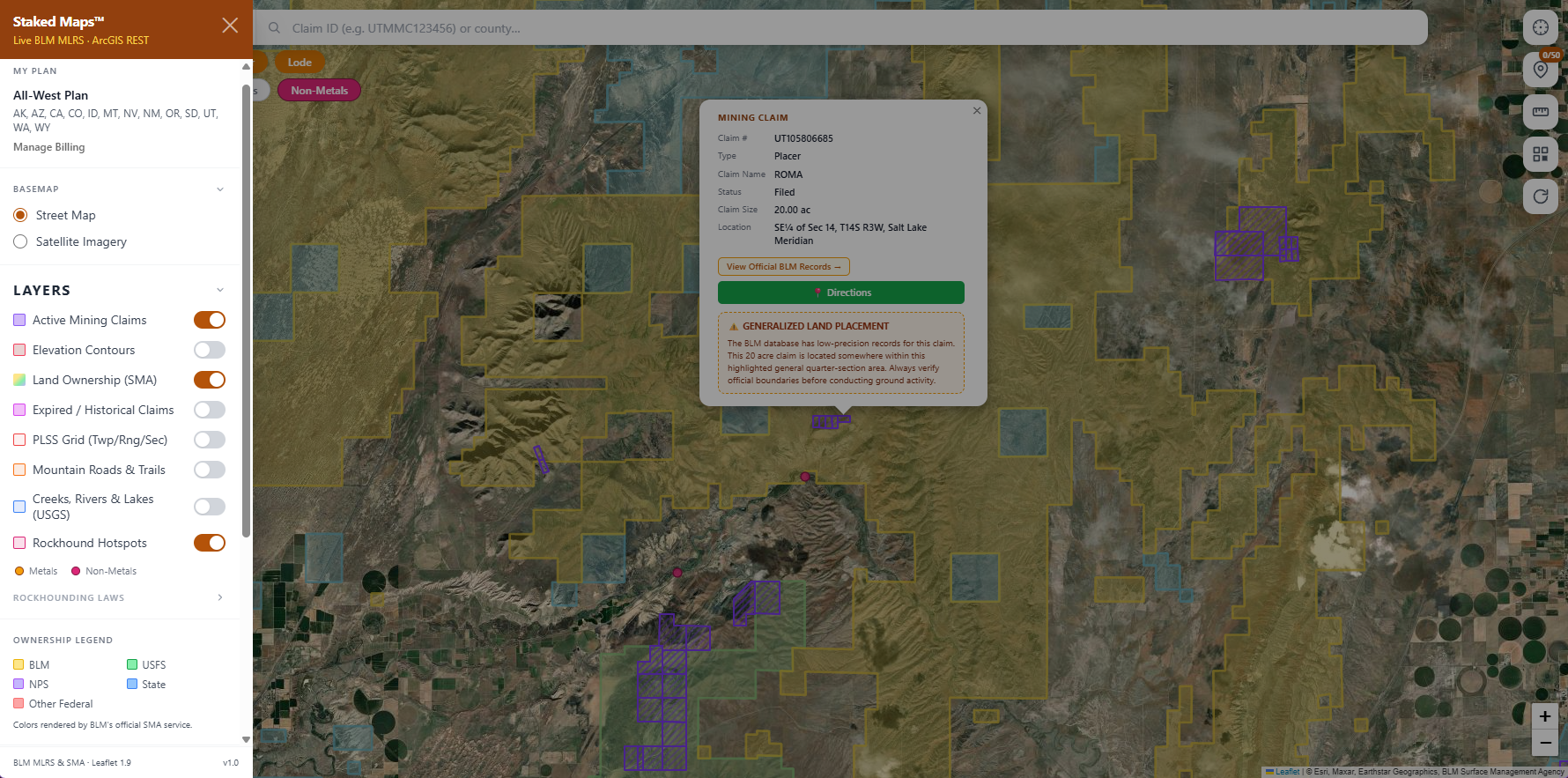 Utah BLM mining claims & rockhounding interactive map.