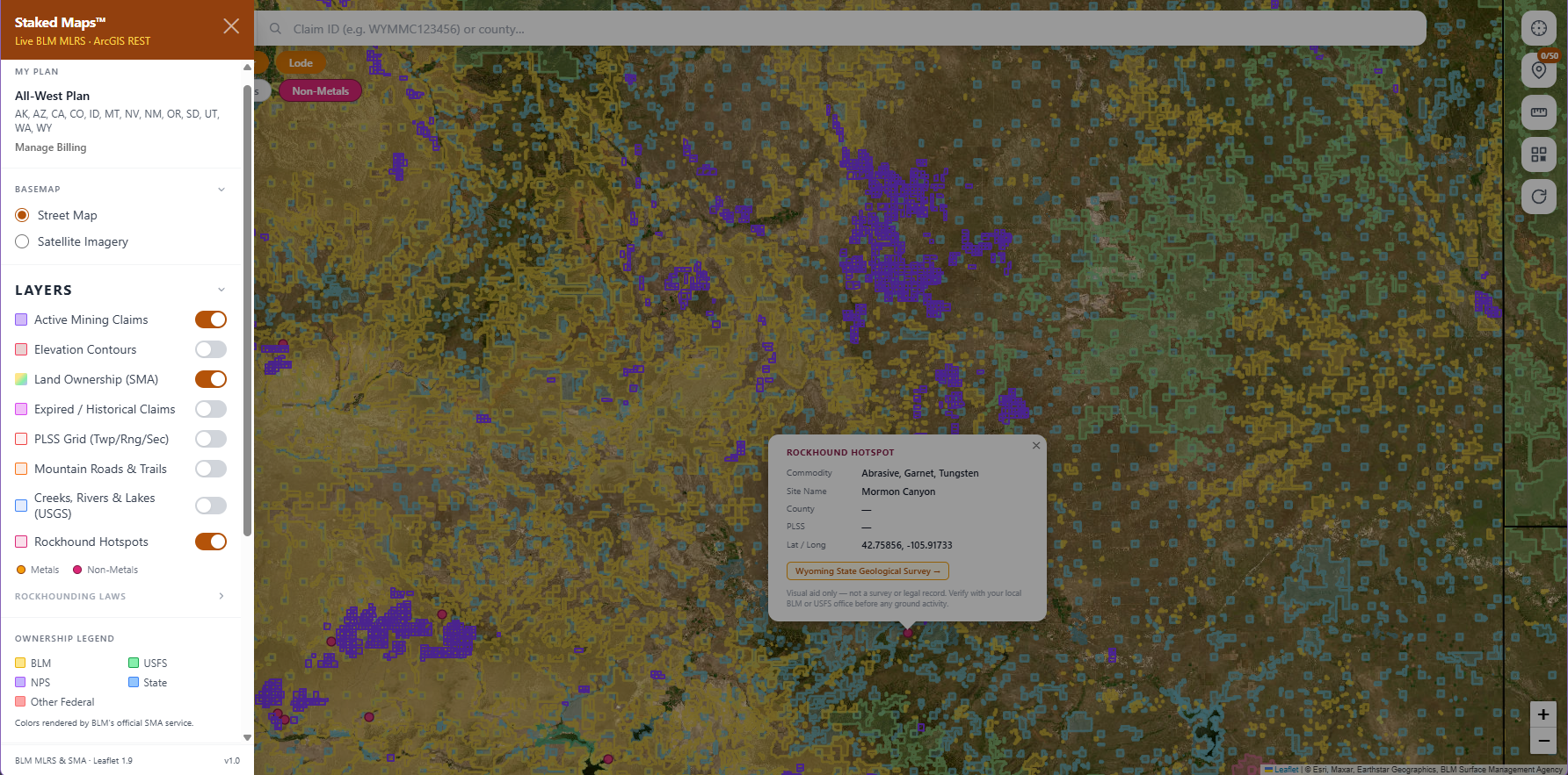 Wyoming BLM mining claims & rockhounding interactive map.