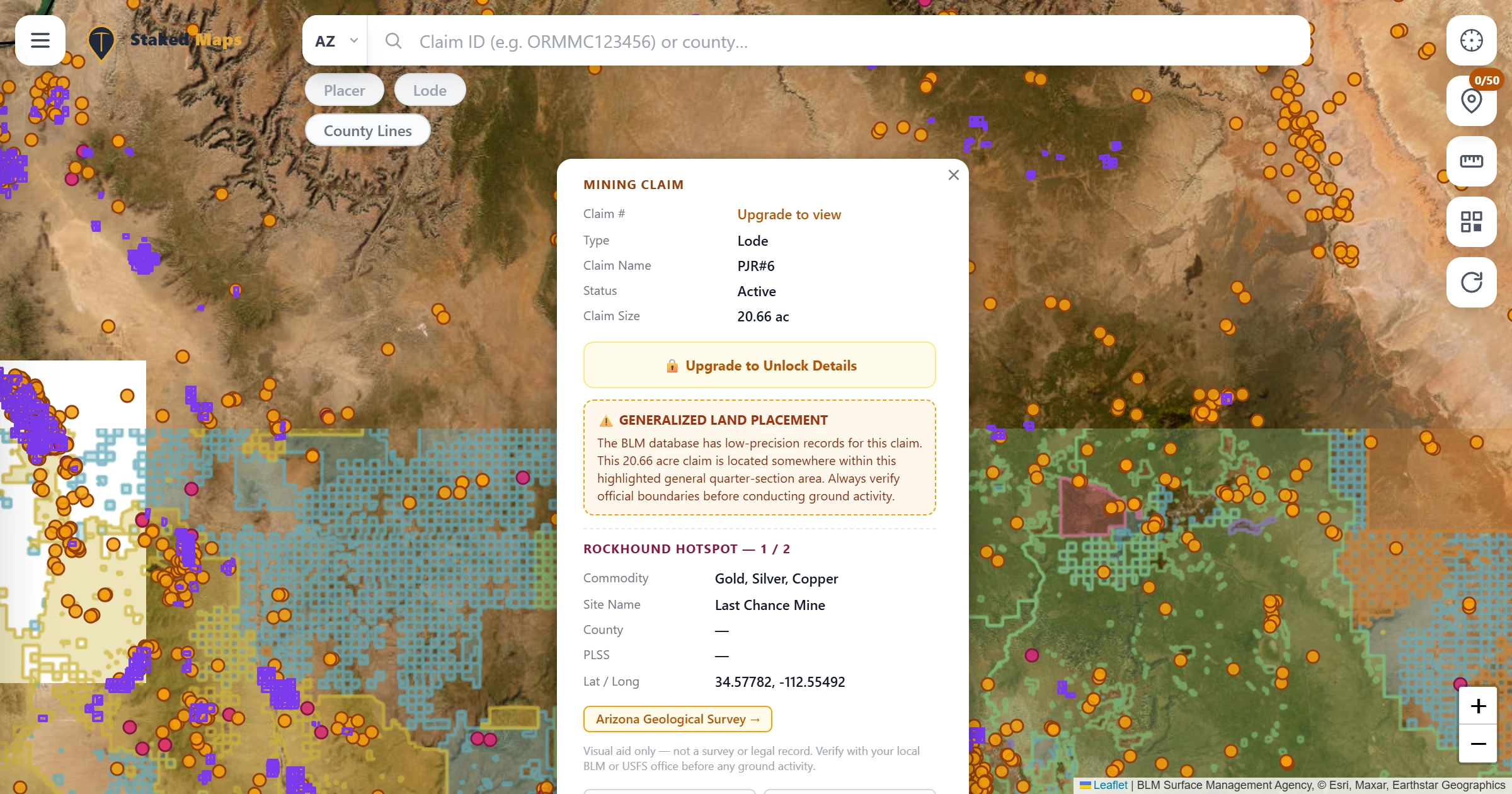 Yavapai County, AZ BLM mining claims & rockhounding interactive map.